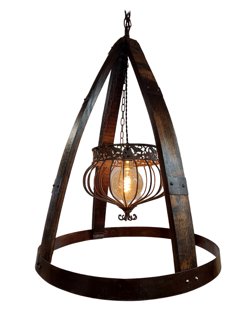 Rustic Barrel Stave Chandelier with light on