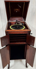 Load image into Gallery viewer, 1920&#39;s Victrola stand-up phonograph frontal view with top and doors open.
