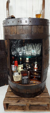 Load image into Gallery viewer, Whiskey Barrel Delivery Bar Cart front view door open with props