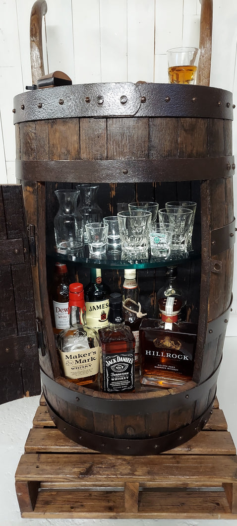 Whiskey Barrel Delivery Bar Cart front view door open with props