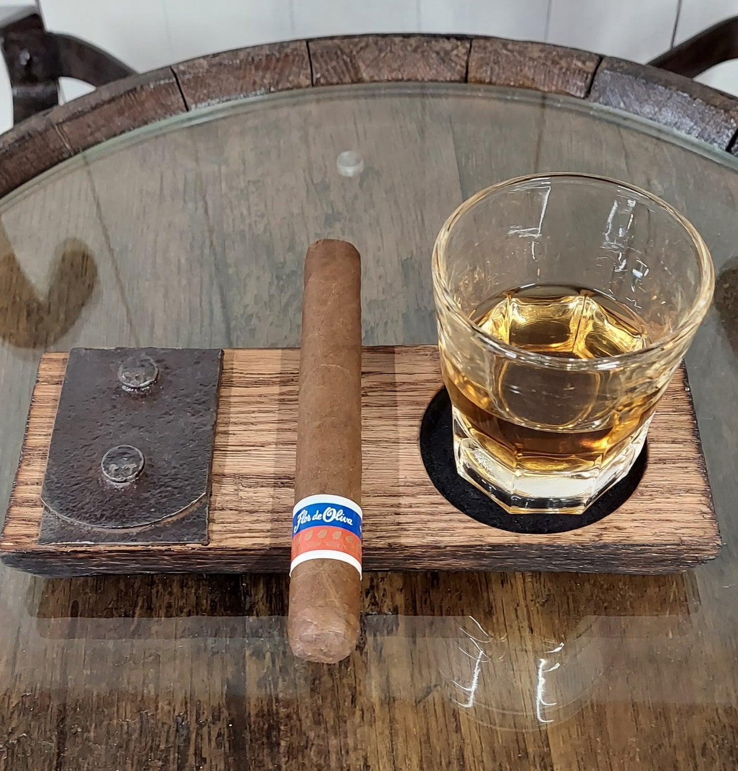 Rustic Whiskey Glass and Cigar Holder with props